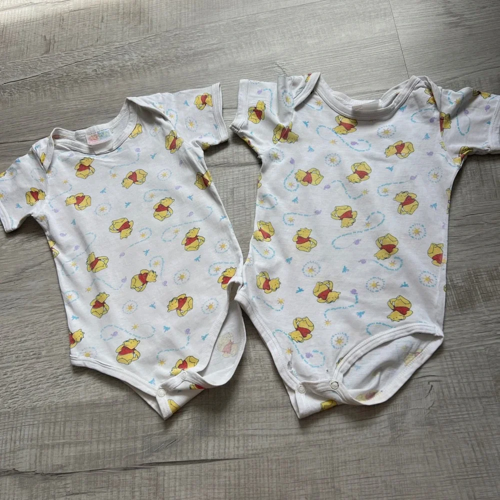 Vintage Winnie the Pooh Baby Bundle Sleeper Bodysuits Blanket Set White Yellow